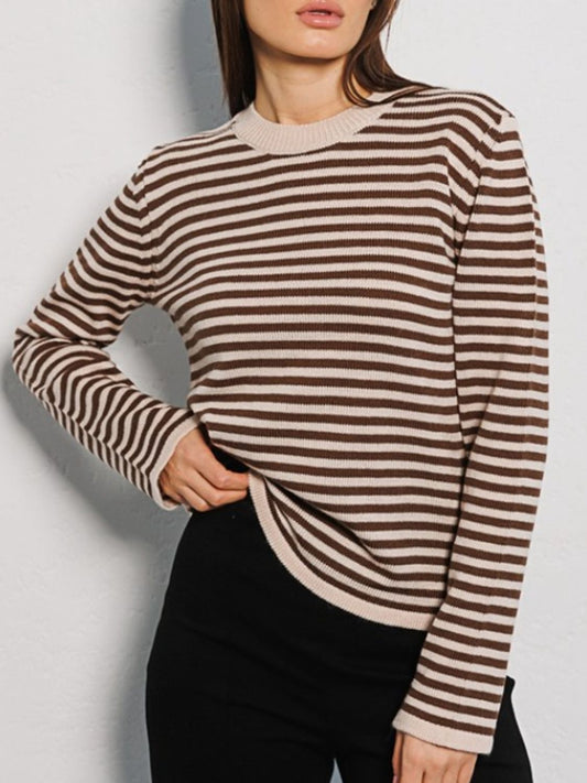 Striped Round Neck Long Sleeve Sweater BLUE ZONE PLANET