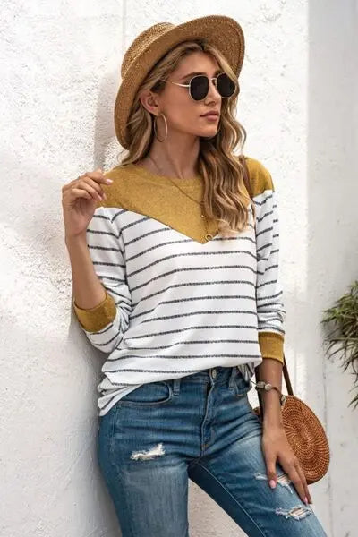 Striped Round Neck Long Sleeve T-Shirt BLUE ZONE PLANET