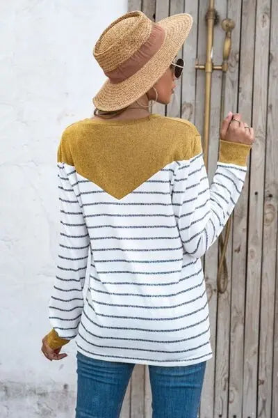 Striped Round Neck Long Sleeve T-Shirt BLUE ZONE PLANET