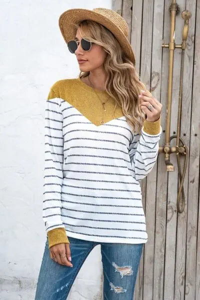 Striped Round Neck Long Sleeve T-Shirt BLUE ZONE PLANET