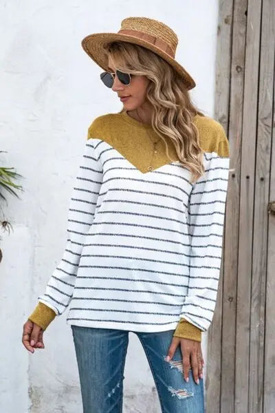 Striped Round Neck Long Sleeve T-Shirt BLUE ZONE PLANET