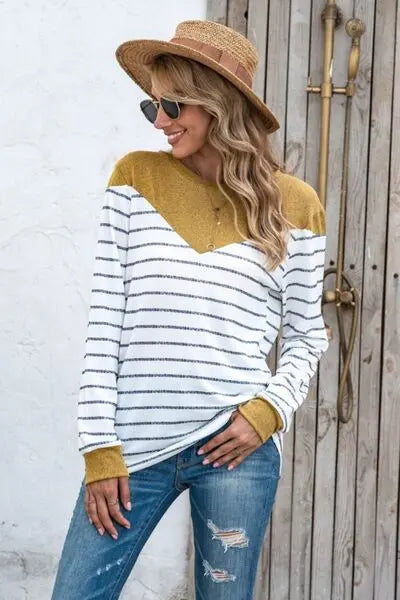 Striped Round Neck Long Sleeve T-Shirt BLUE ZONE PLANET