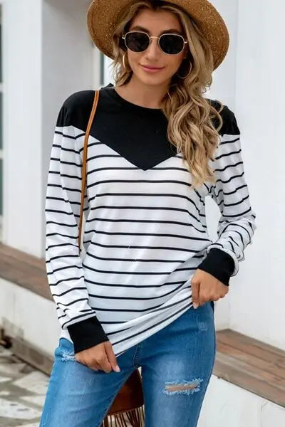 Striped Round Neck Long Sleeve T-Shirt BLUE ZONE PLANET