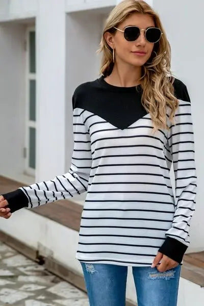 Striped Round Neck Long Sleeve T-Shirt BLUE ZONE PLANET