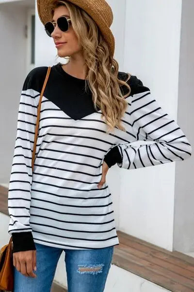 Striped Round Neck Long Sleeve T-Shirt BLUE ZONE PLANET