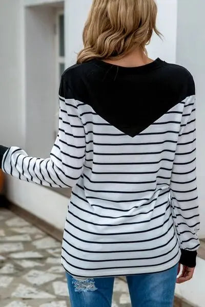 Striped Round Neck Long Sleeve T-Shirt BLUE ZONE PLANET