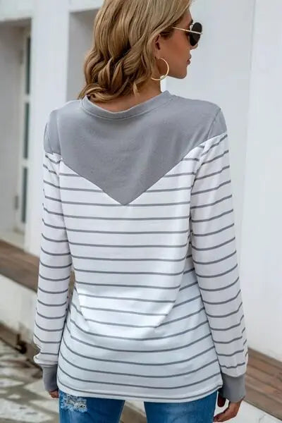 Striped Round Neck Long Sleeve T-Shirt BLUE ZONE PLANET