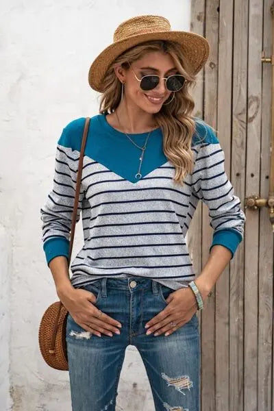 Striped Round Neck Long Sleeve T-Shirt BLUE ZONE PLANET