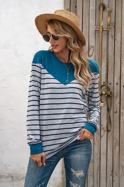 Striped Round Neck Long Sleeve T-Shirt BLUE ZONE PLANET