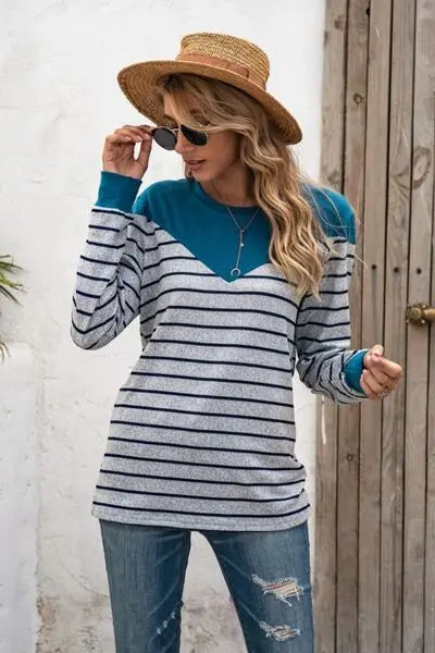 Striped Round Neck Long Sleeve T-Shirt BLUE ZONE PLANET