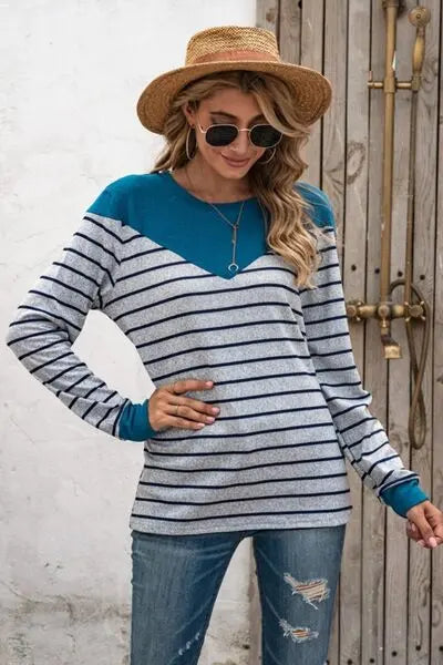 Striped Round Neck Long Sleeve T-Shirt BLUE ZONE PLANET