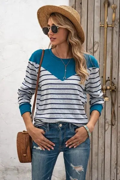 Striped Round Neck Long Sleeve T-Shirt BLUE ZONE PLANET