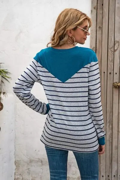 Striped Round Neck Long Sleeve T-Shirt BLUE ZONE PLANET