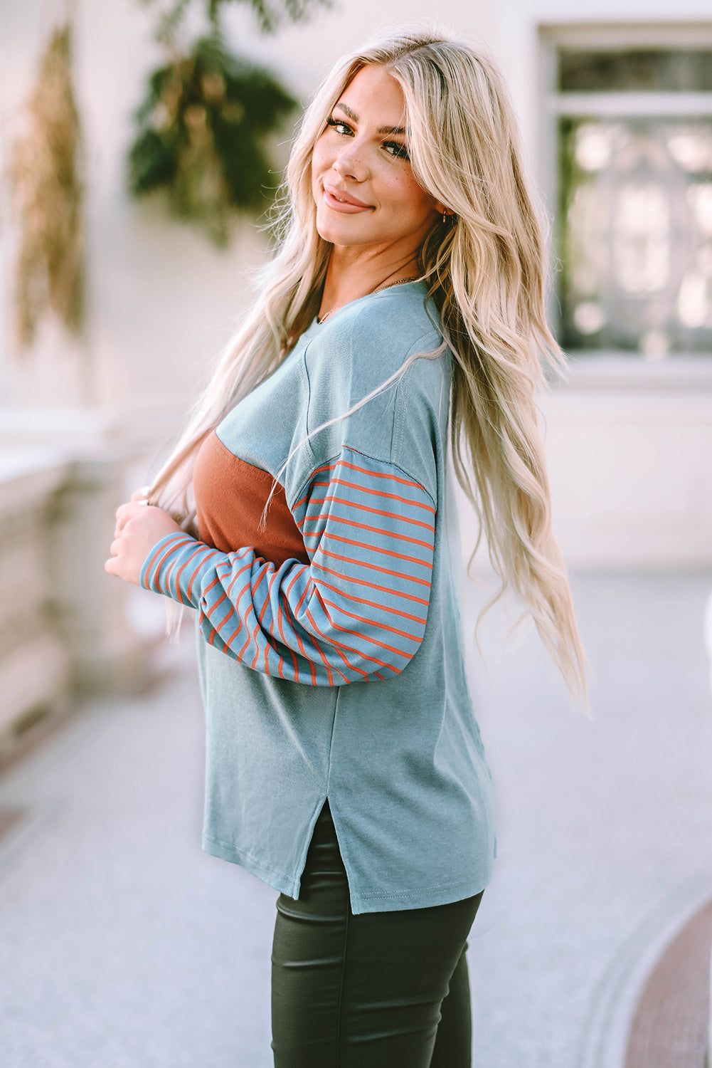 Striped Round Neck Long Sleeve T-Shirt BLUE ZONE PLANET