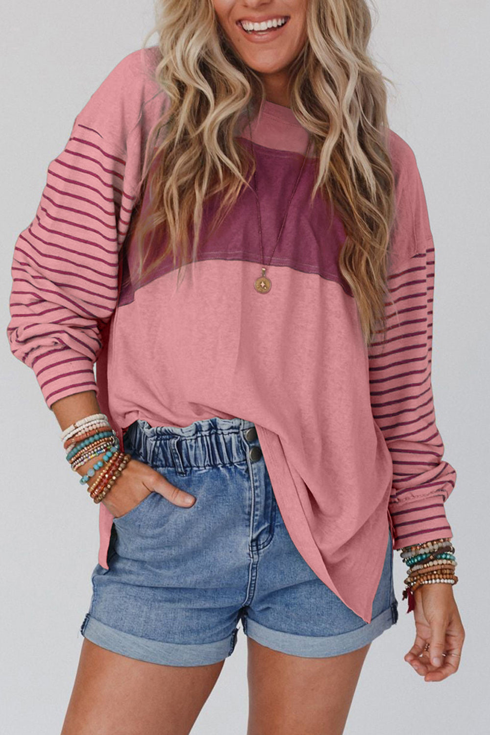 Striped Round Neck Long Sleeve T-Shirt BLUE ZONE PLANET