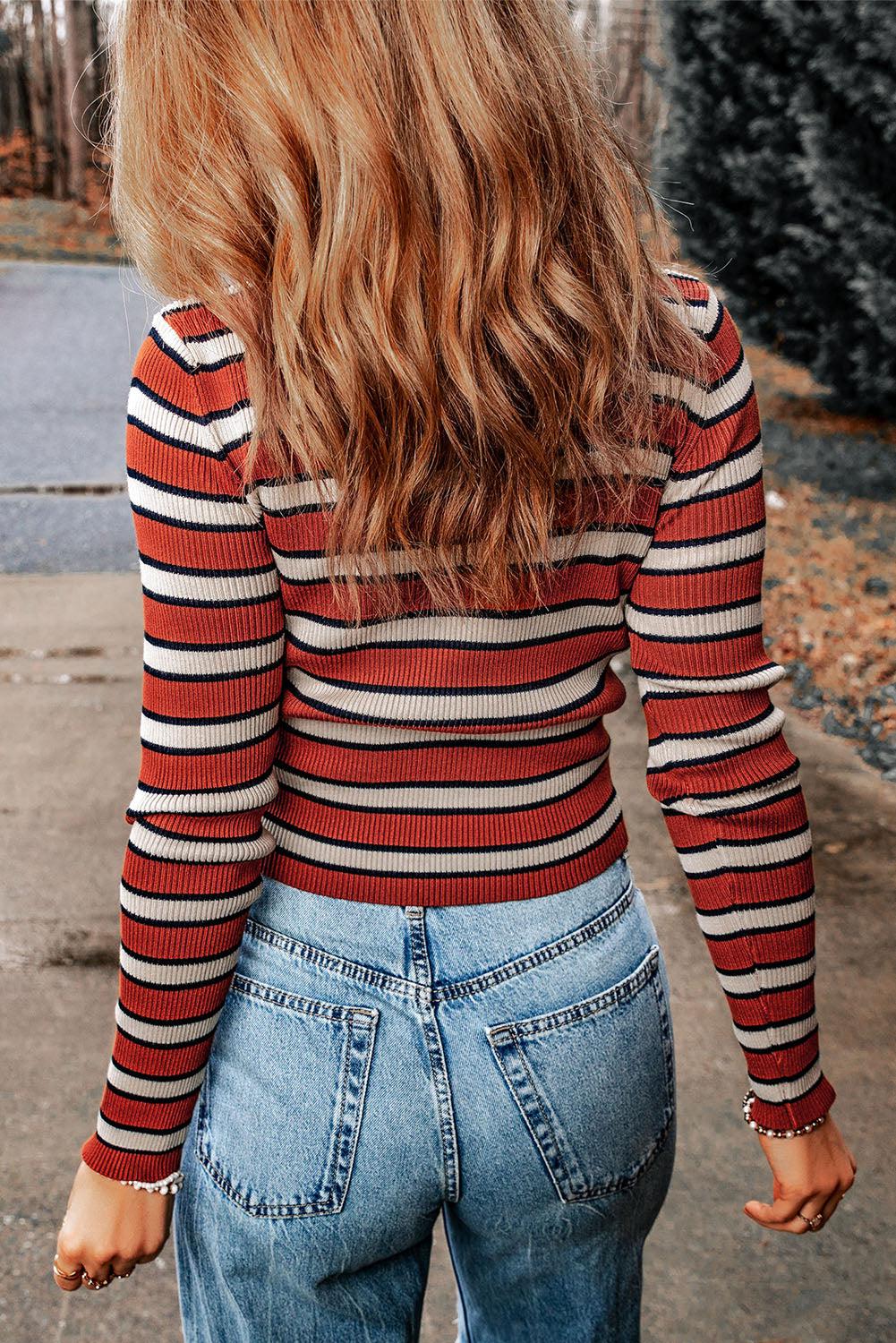 Striped Round Neck Long Sleeve Top BLUE ZONE PLANET