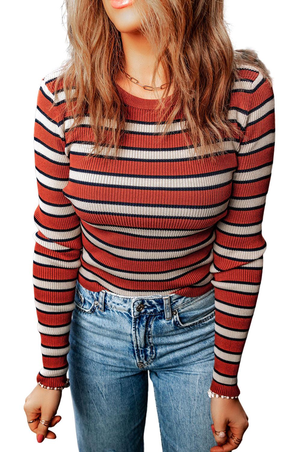 Striped Round Neck Long Sleeve Top BLUE ZONE PLANET