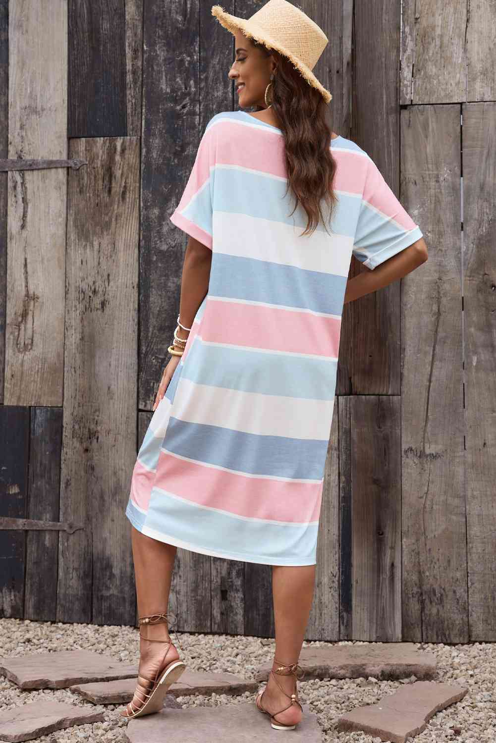 Striped Round Neck Tee Dress BLUE ZONE PLANET