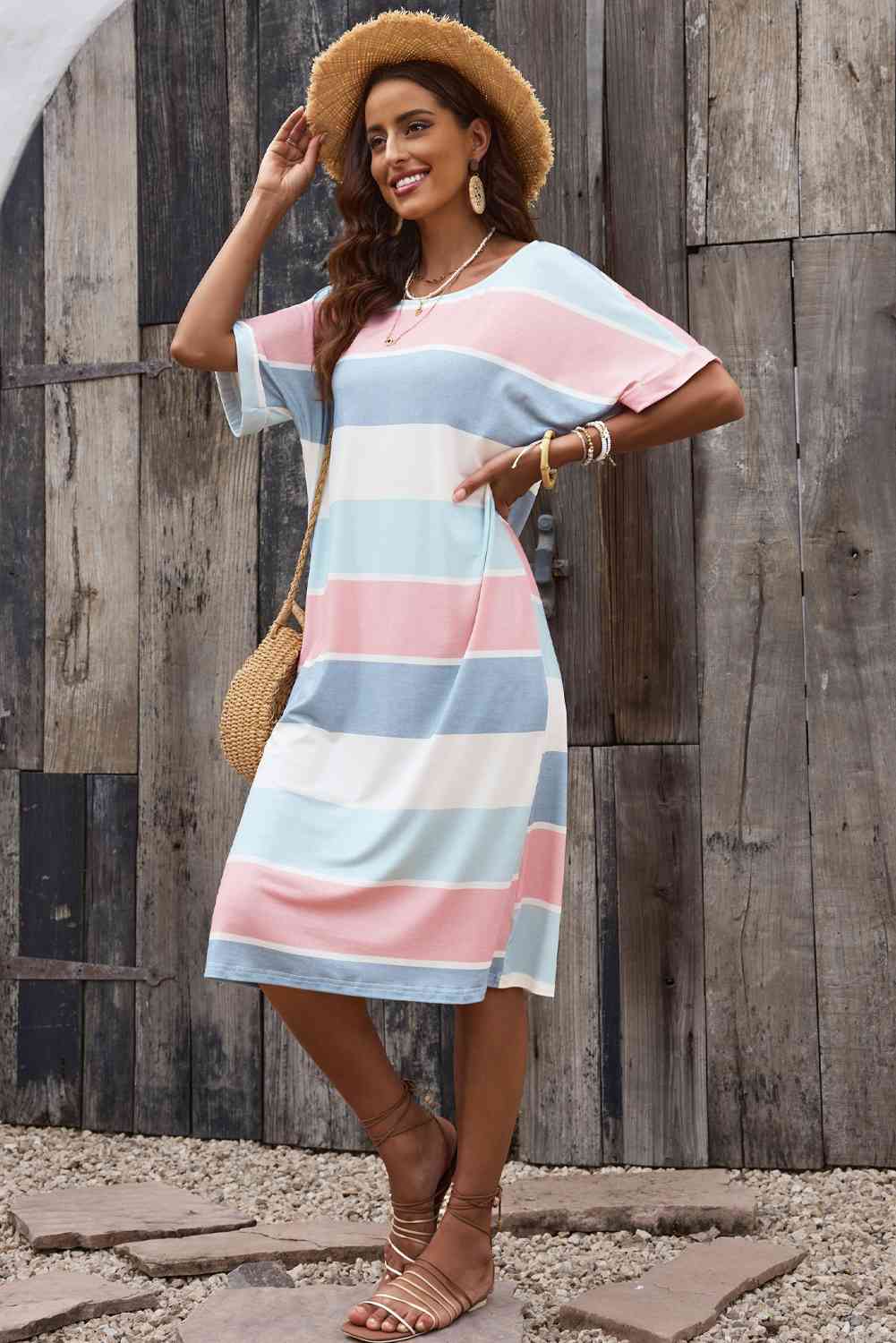 Striped Round Neck Tee Dress BLUE ZONE PLANET