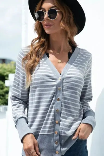 Striped Snap Down Long Sleeve Cardigan BLUE ZONE PLANET