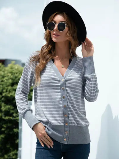 Striped Snap Down Long Sleeve Cardigan BLUE ZONE PLANET