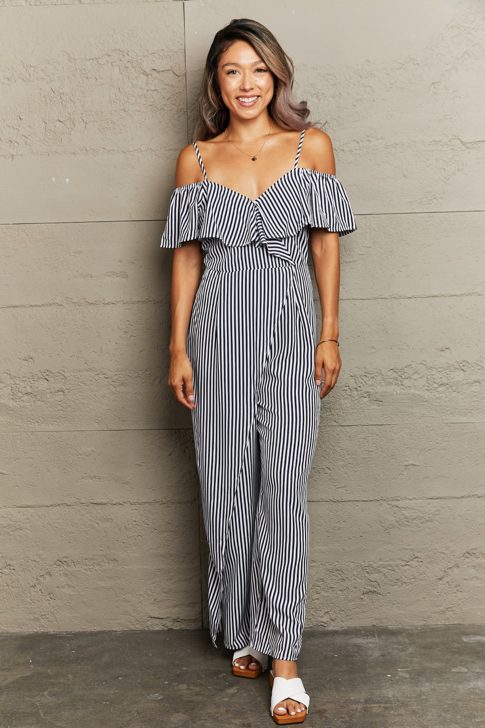 Striped Spaghetti Strap Cold-Shoulder Jumpsuit BLUE ZONE PLANET