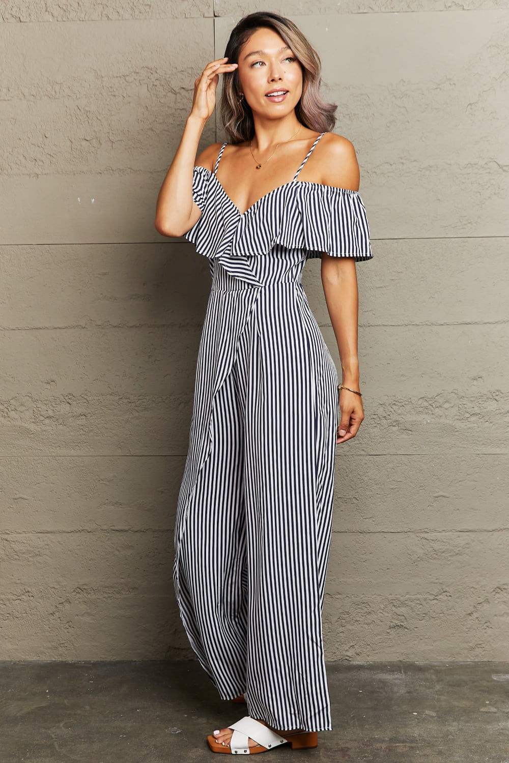 Striped Spaghetti Strap Cold-Shoulder Jumpsuit BLUE ZONE PLANET