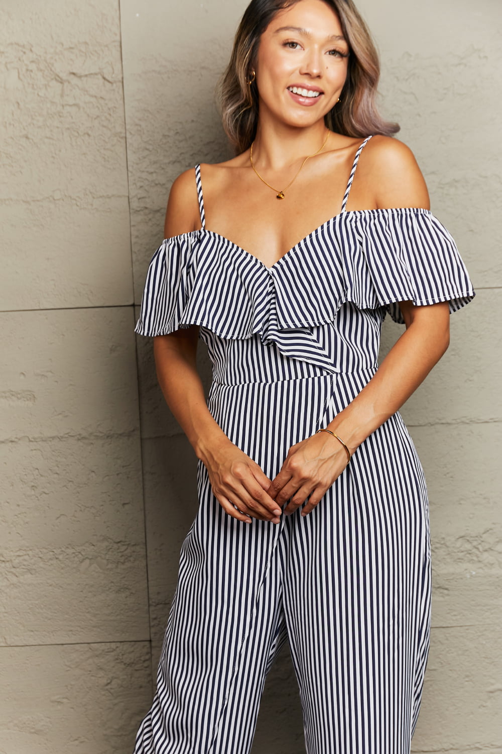 Striped Spaghetti Strap Cold-Shoulder Jumpsuit BLUE ZONE PLANET