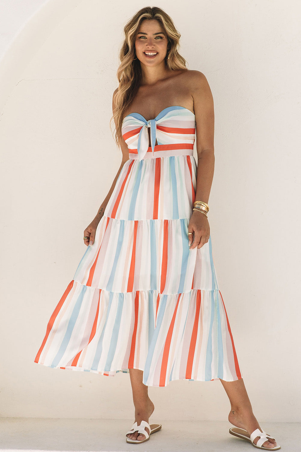 Striped Strapless Sweetheart Neck Dress BLUE ZONE PLANET