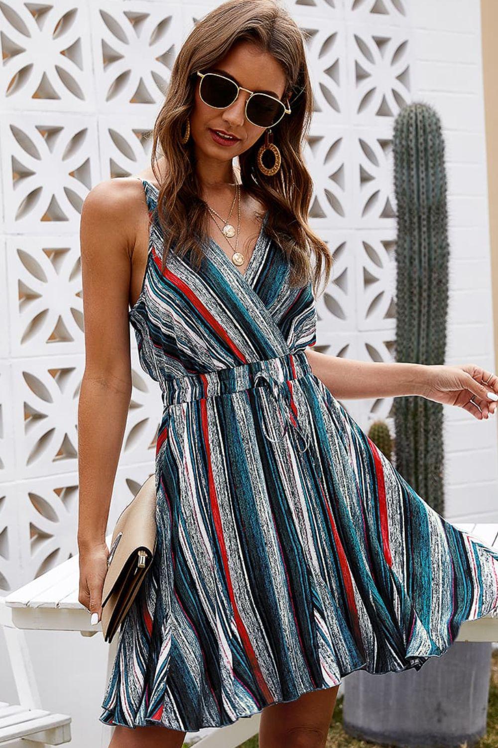 Striped Surplice Neck Spaghetti Strap Dress BLUE ZONE PLANET