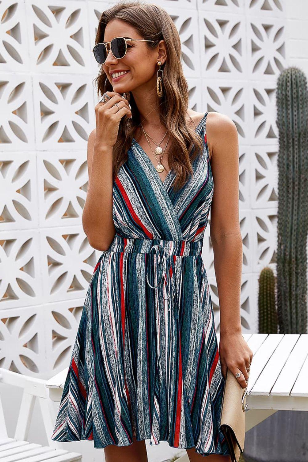 Striped Surplice Neck Spaghetti Strap Dress BLUE ZONE PLANET