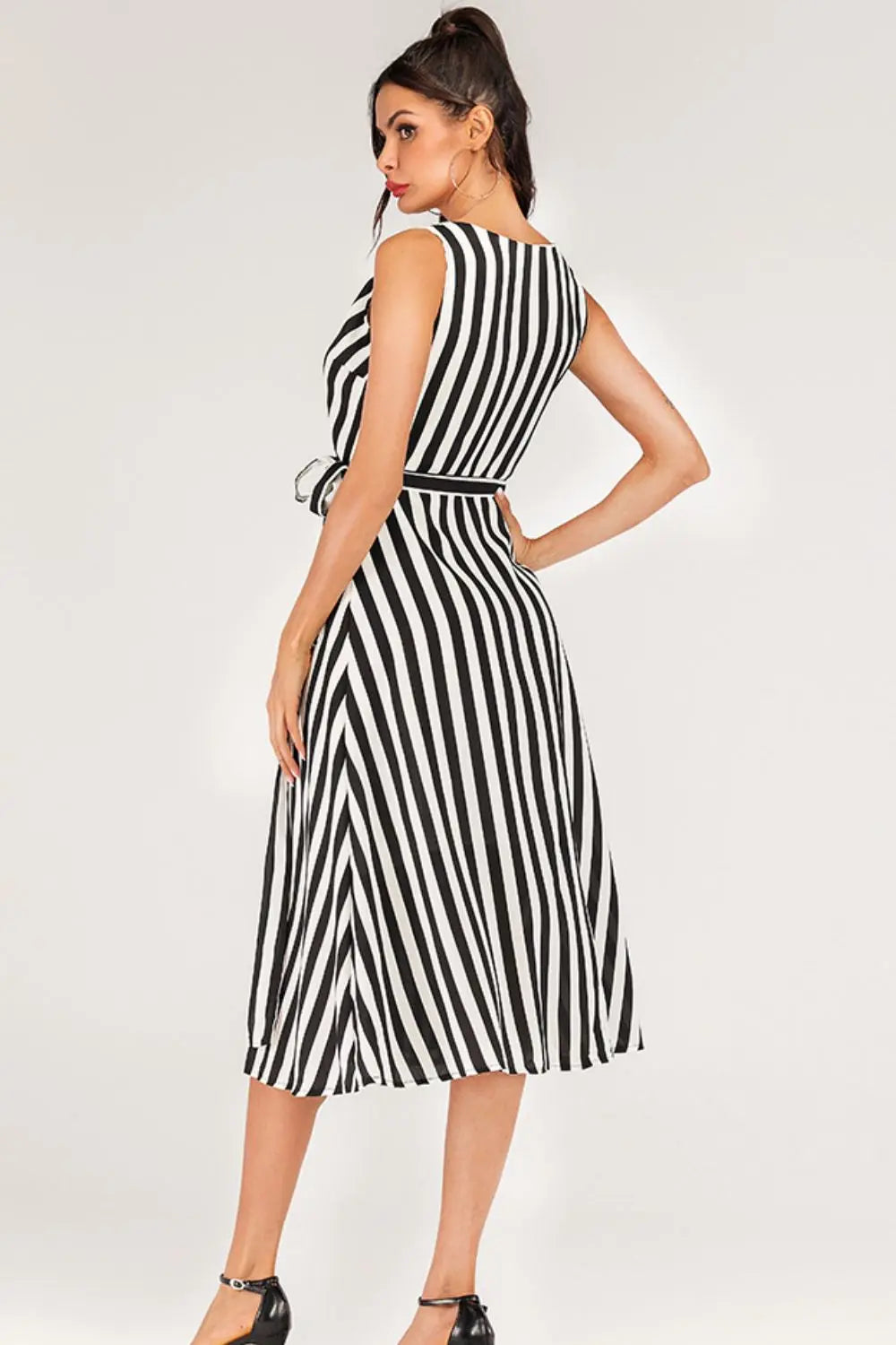 Striped Surplice Tied Sleeveless Dress BLUE ZONE PLANET