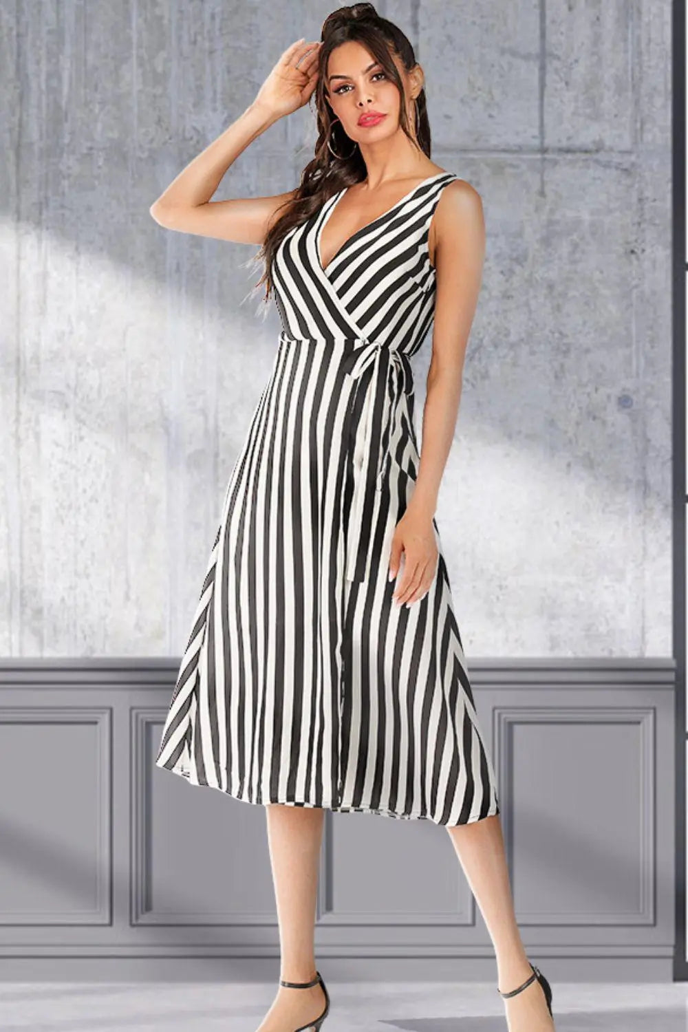 Striped Surplice Tied Sleeveless Dress BLUE ZONE PLANET