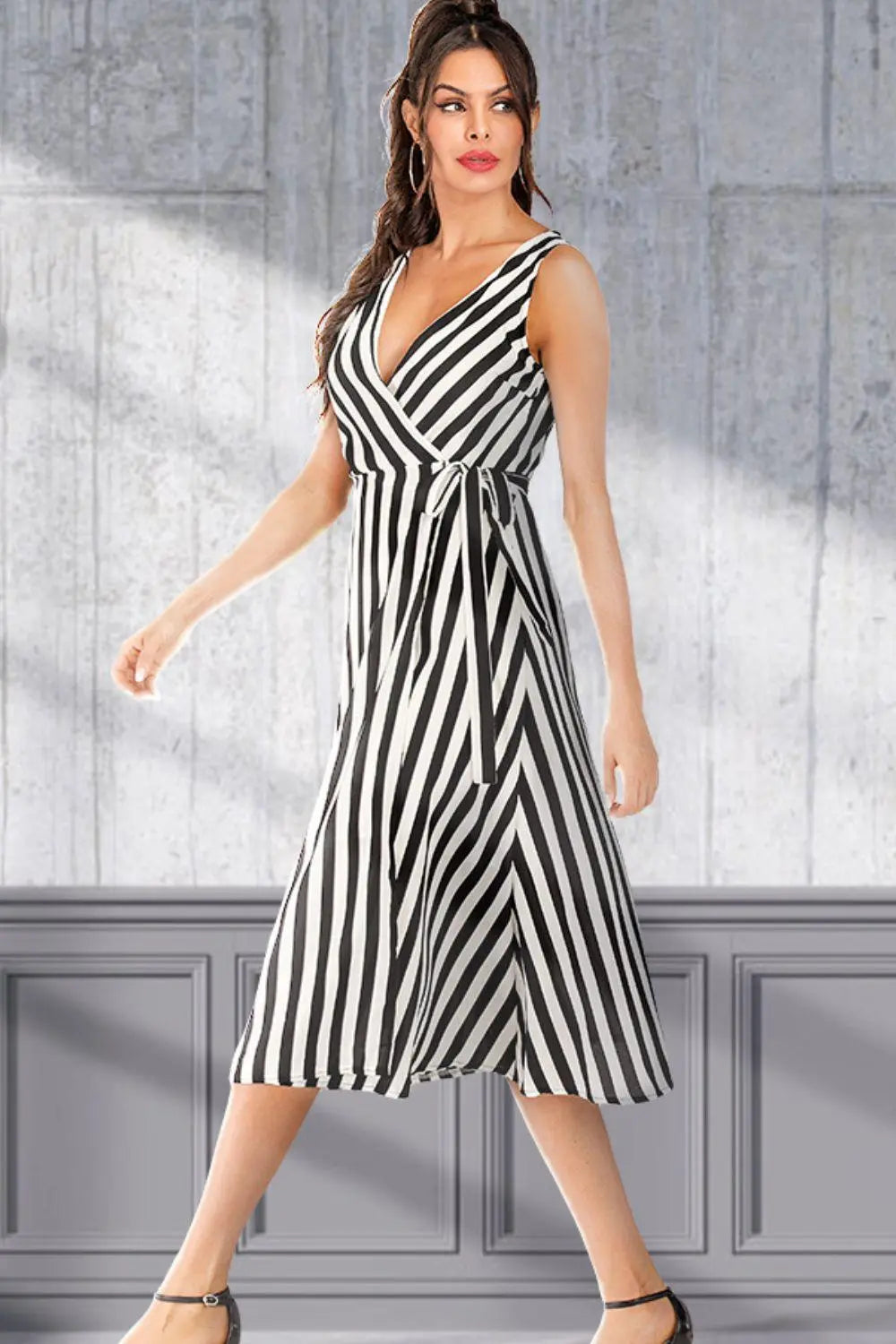 Striped Surplice Tied Sleeveless Dress BLUE ZONE PLANET