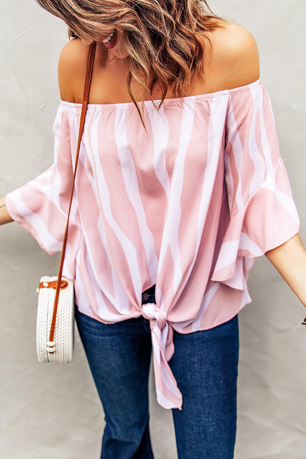 Striped Tie Front Flounce Sleeve Blouse BLUE ZONE PLANET