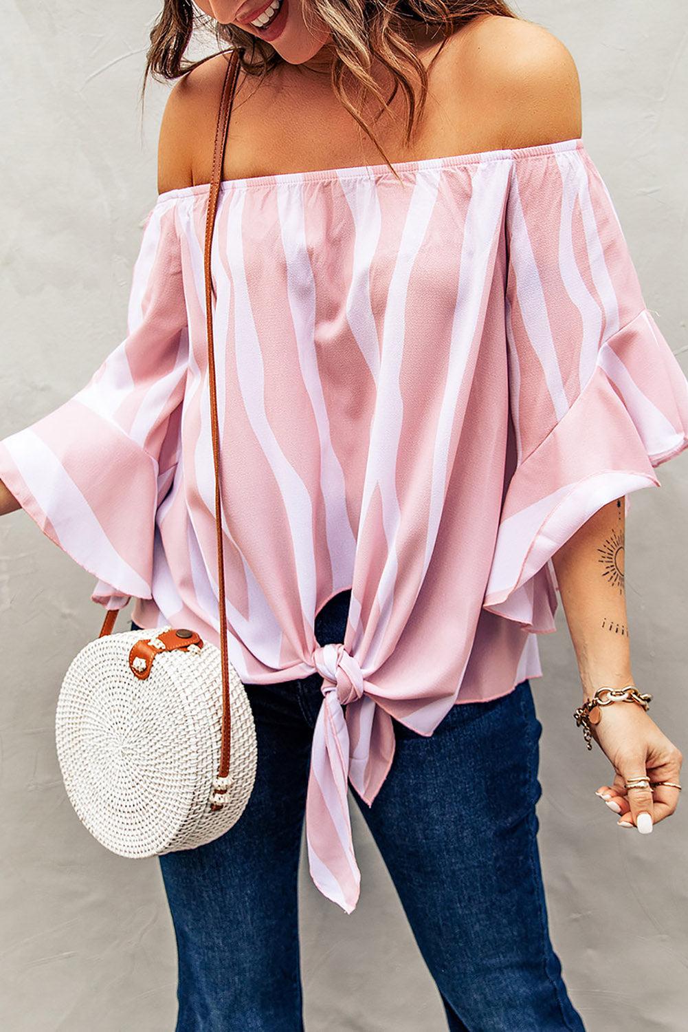 Striped Tie Front Flounce Sleeve Blouse BLUE ZONE PLANET