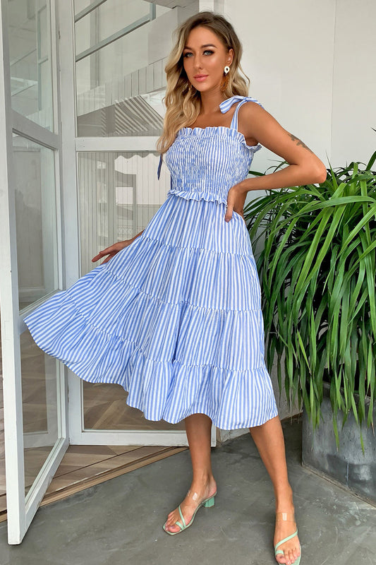 Striped Tie-Shoulder Tiered Dress BLUE ZONE PLANET