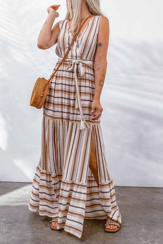 Striped Tie Waist Slit Sleeveless Dress BLUE ZONE PLANET