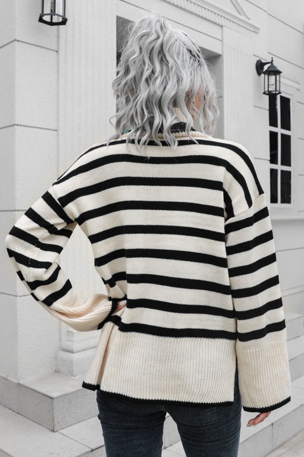 Striped Turtleneck Drop Shoulder Sweater BLUE ZONE PLANET