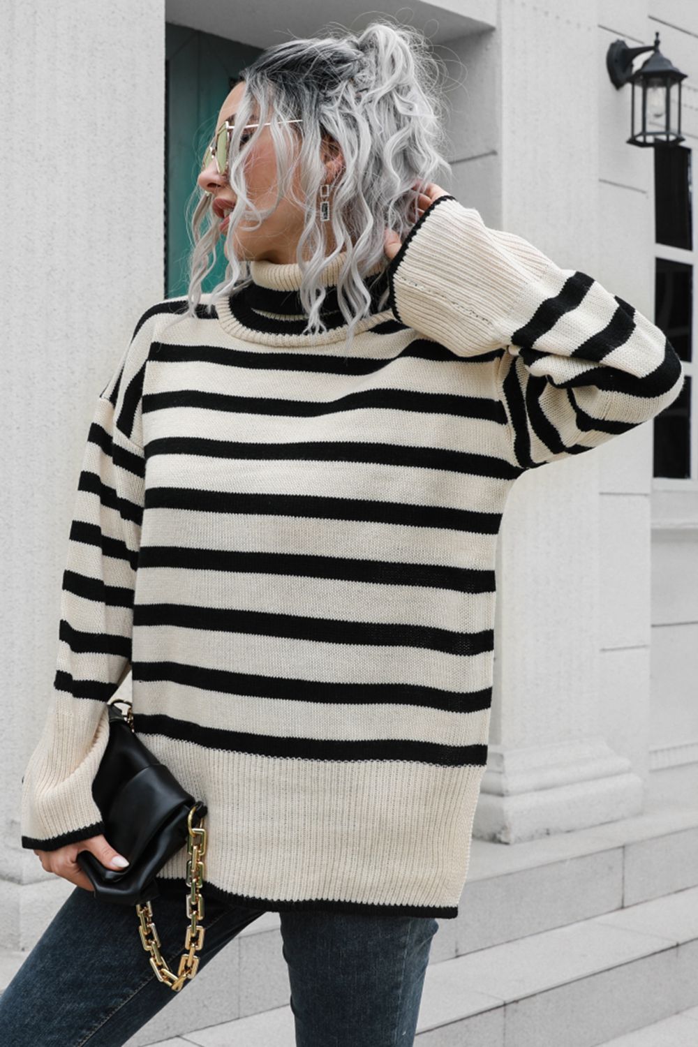 Striped Turtleneck Drop Shoulder Sweater BLUE ZONE PLANET