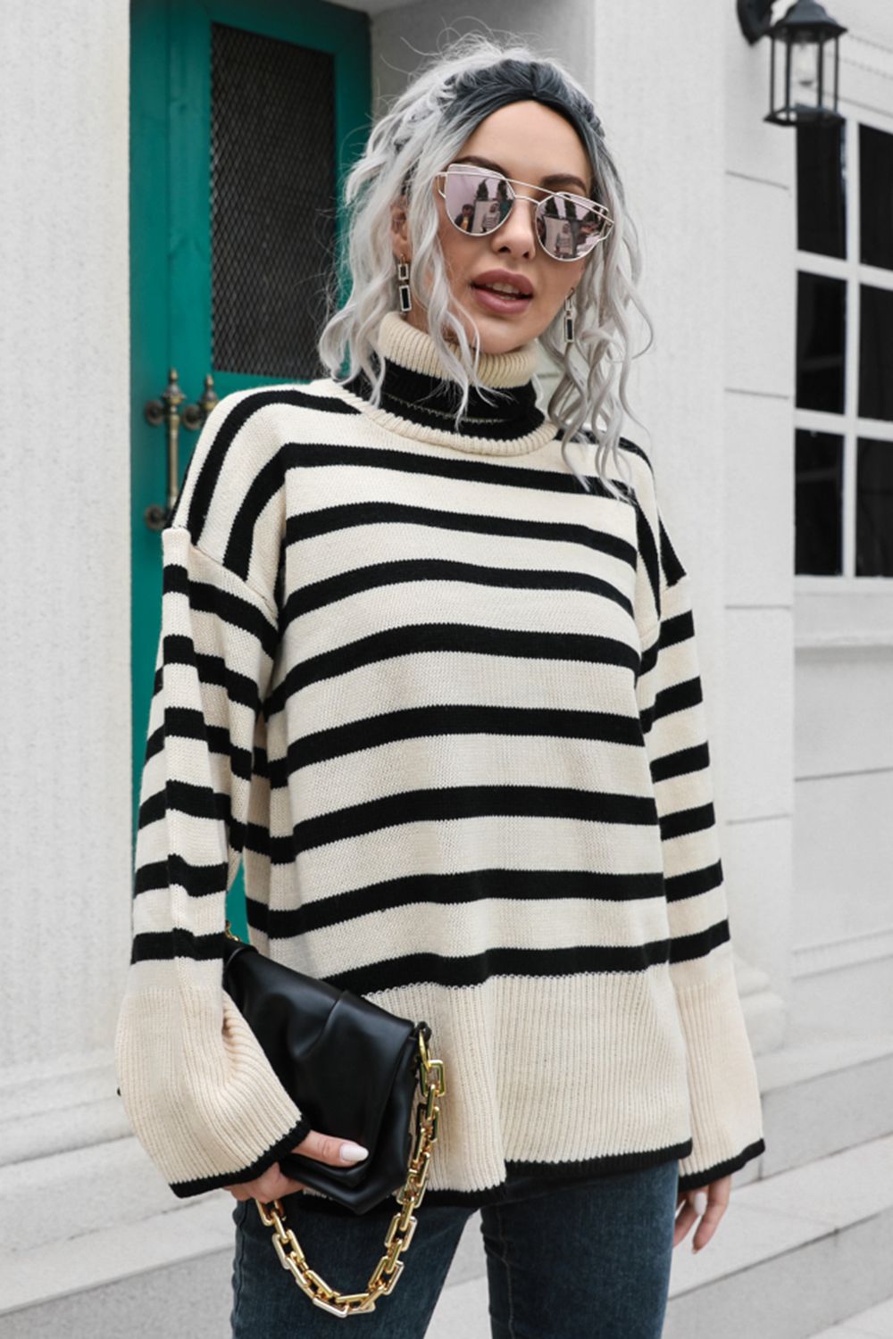 Striped Turtleneck Drop Shoulder Sweater BLUE ZONE PLANET