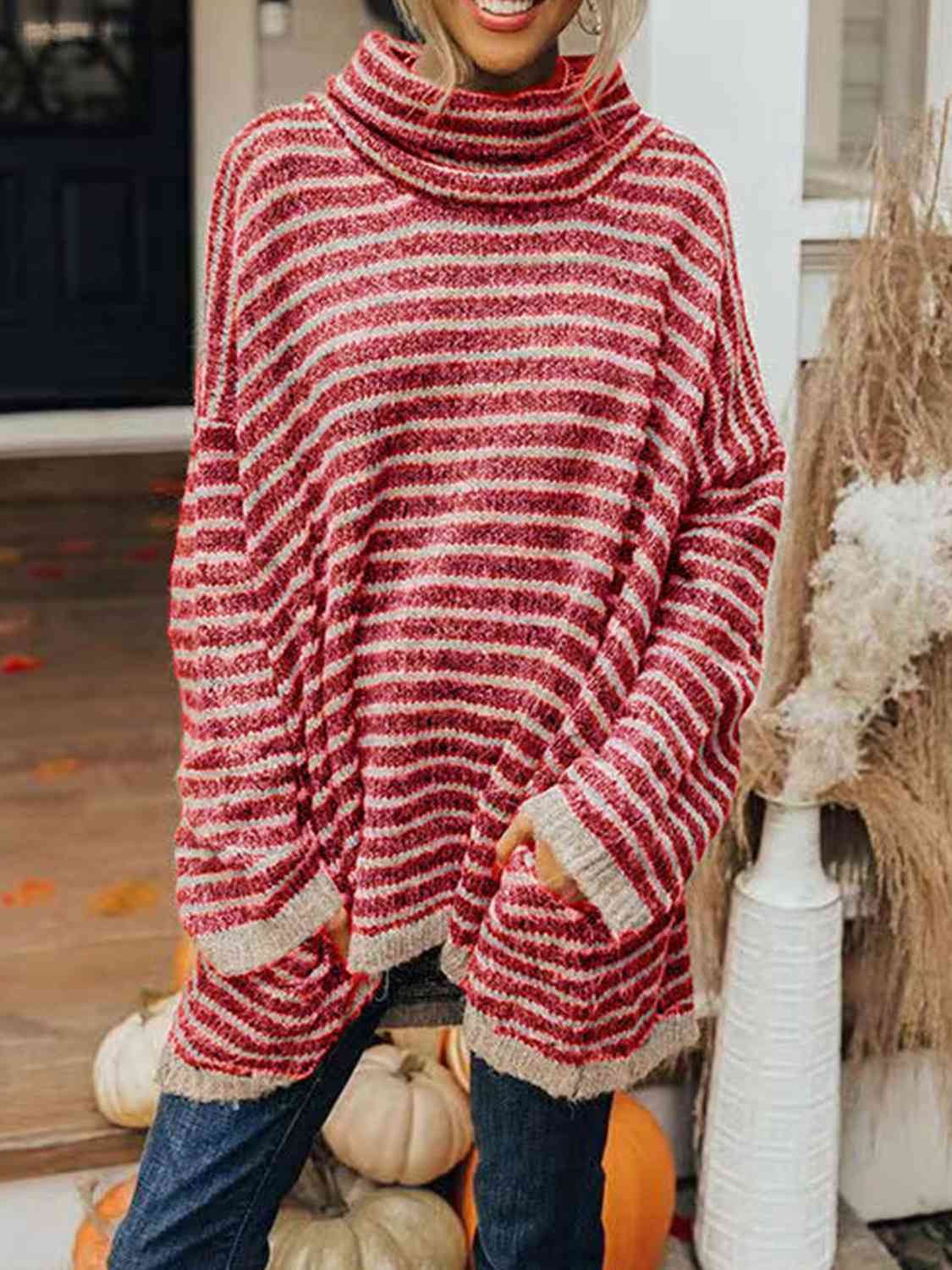 Striped Turtleneck Sweater with Pockets-TOPS / DRESSES-[Adult]-[Female]-Deep Red-S-2022 Online Blue Zone Planet