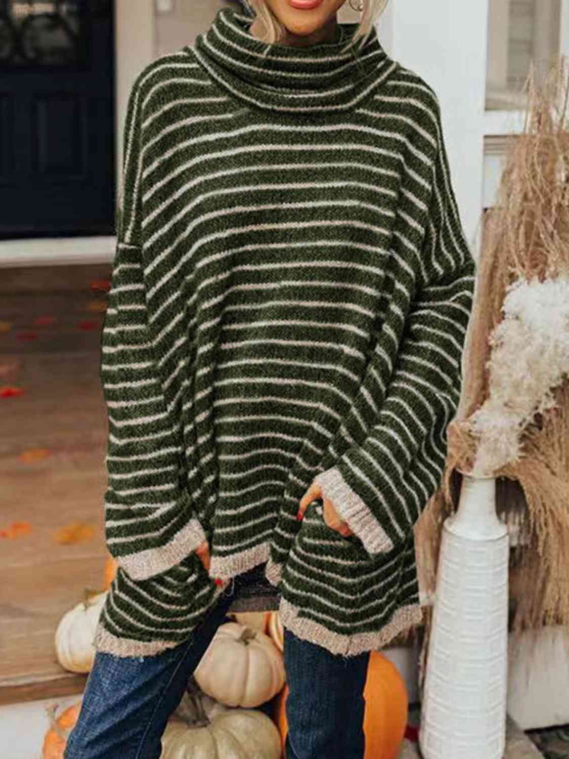 Striped Turtleneck Sweater with Pockets-TOPS / DRESSES-[Adult]-[Female]-Green-S-2022 Online Blue Zone Planet