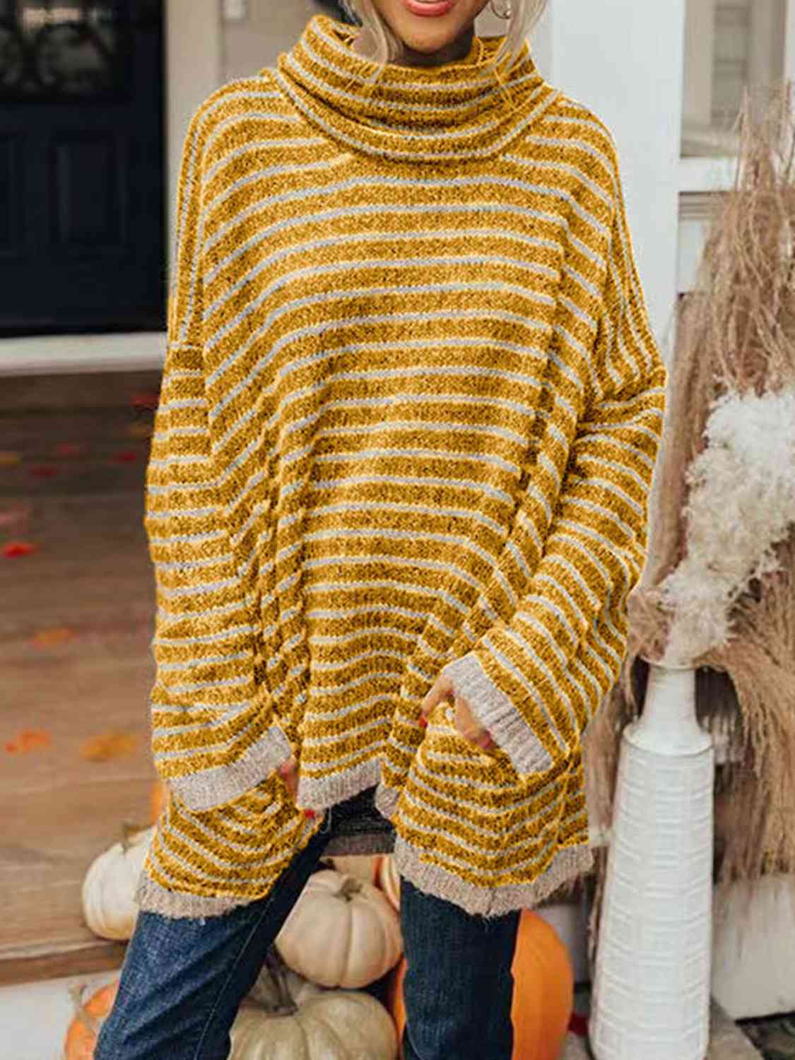 Striped Turtleneck Sweater with Pockets-TOPS / DRESSES-[Adult]-[Female]-Mustard-S-2022 Online Blue Zone Planet