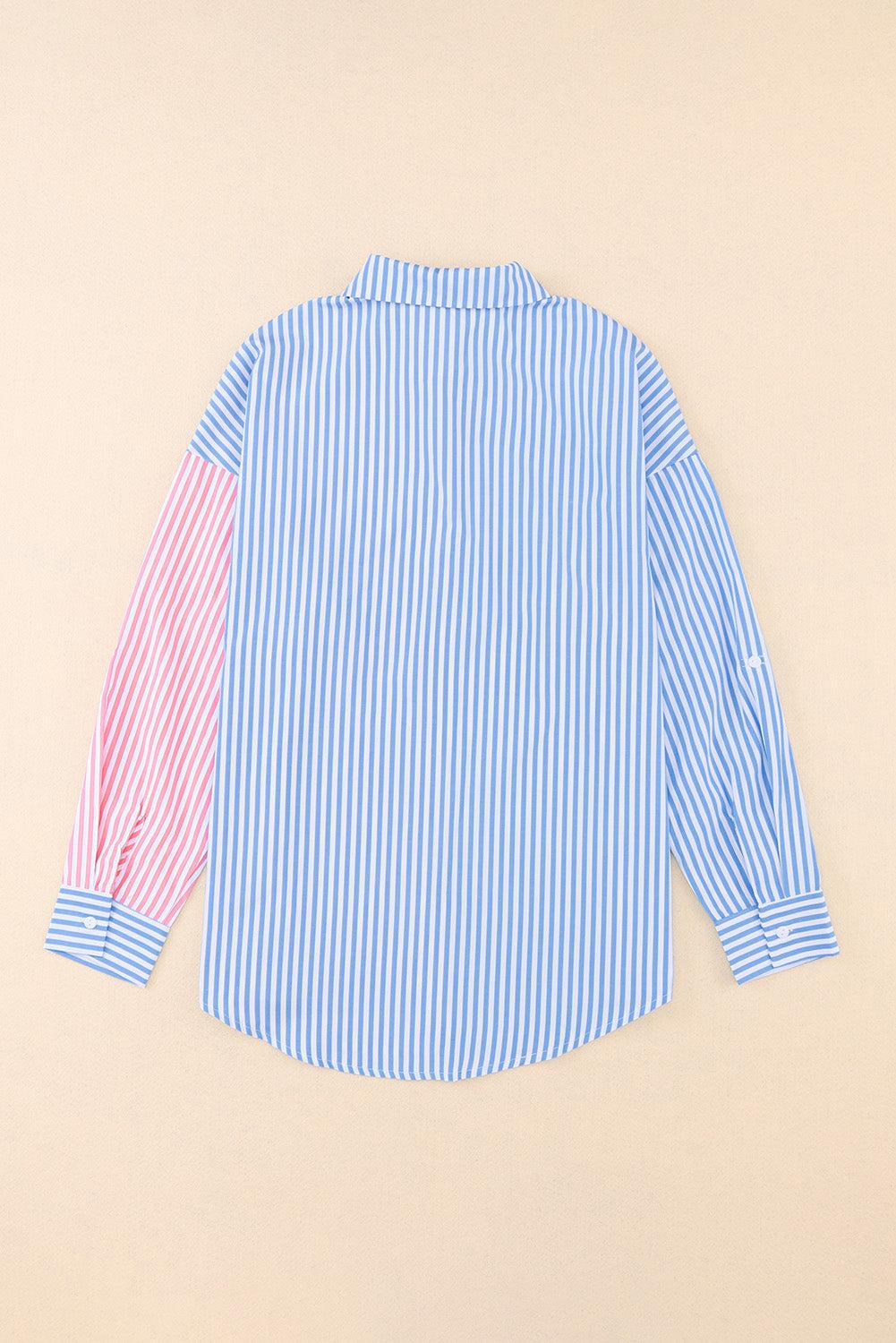 Striped Two-Tone Long Sleeve Shirt with Pocket BLUE ZONE PLANET