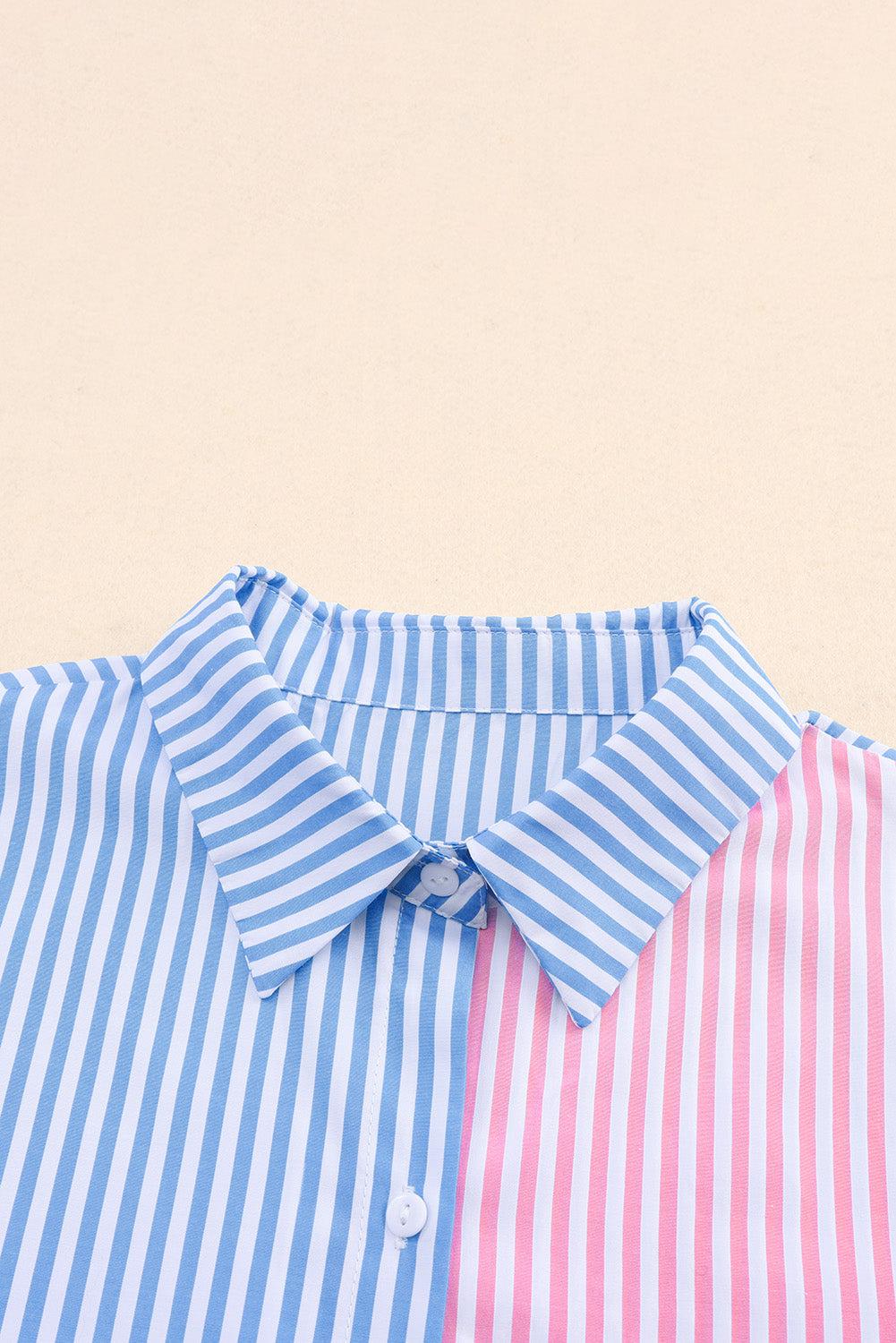 Striped Two-Tone Long Sleeve Shirt with Pocket BLUE ZONE PLANET