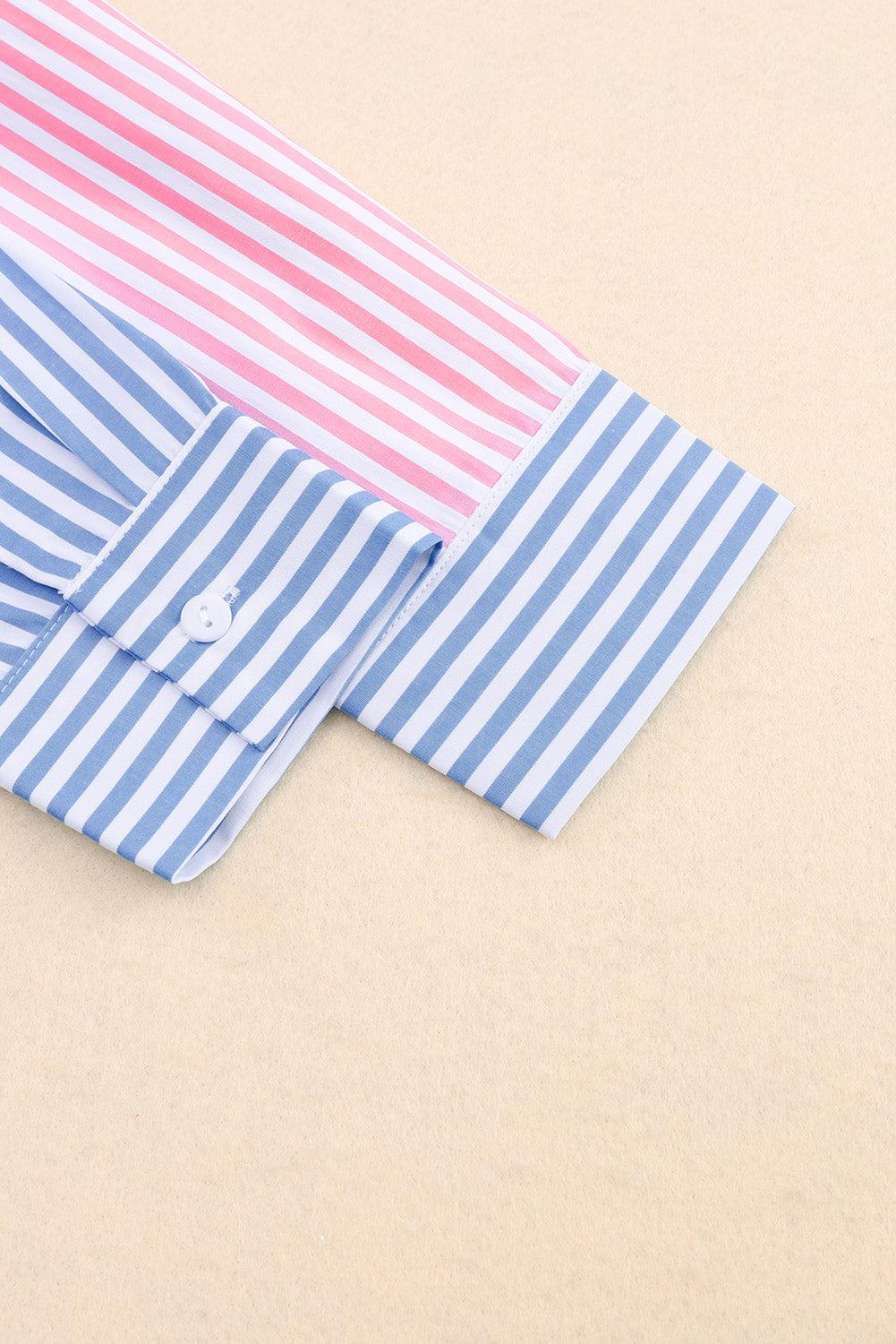 Striped Two-Tone Long Sleeve Shirt with Pocket BLUE ZONE PLANET