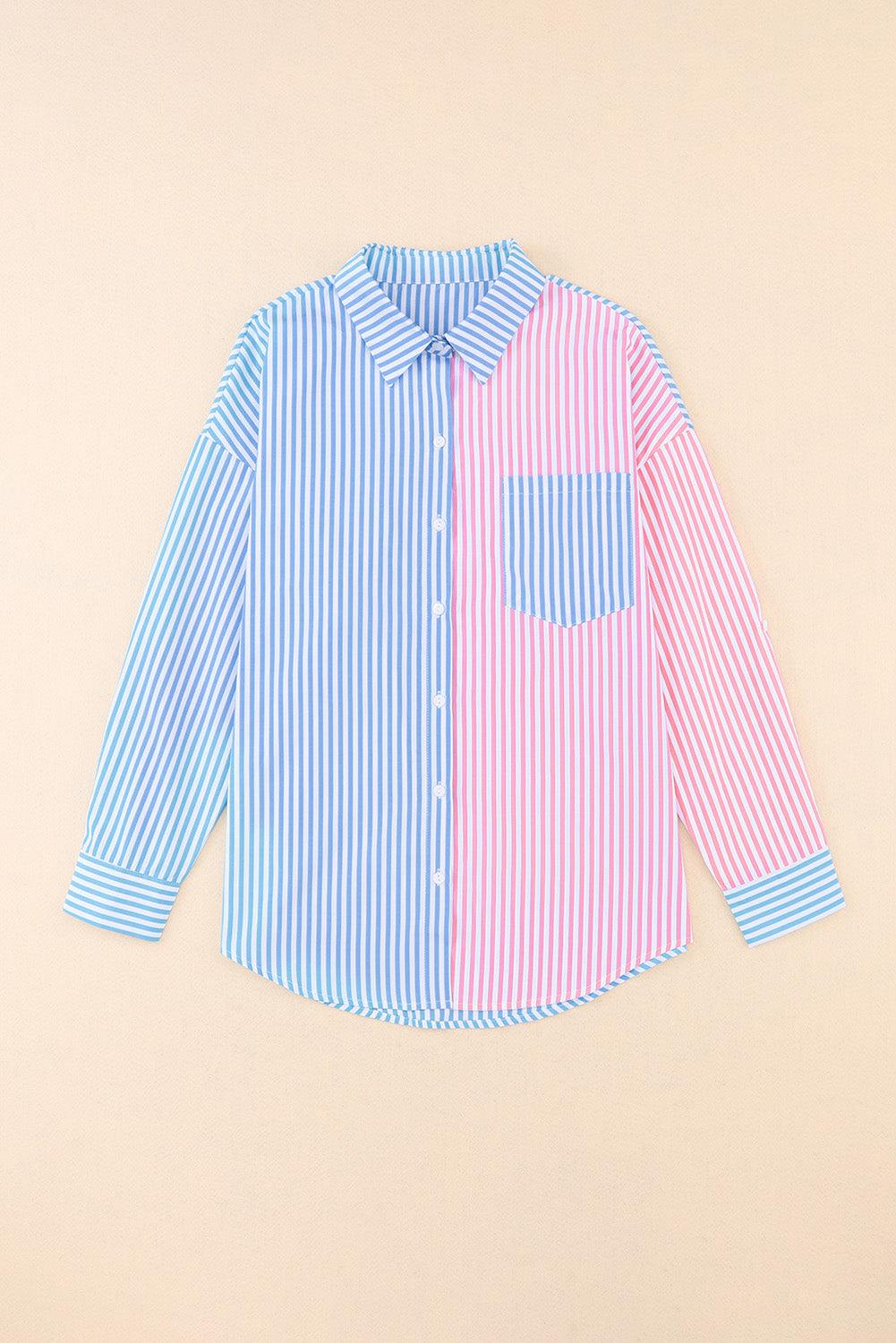 Striped Two-Tone Long Sleeve Shirt with Pocket BLUE ZONE PLANET