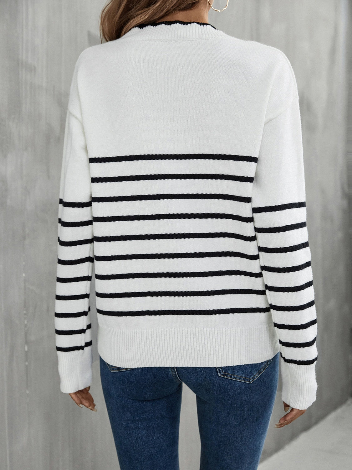Striped V-Neck Drop Shoulder Sweater BLUE ZONE PLANET