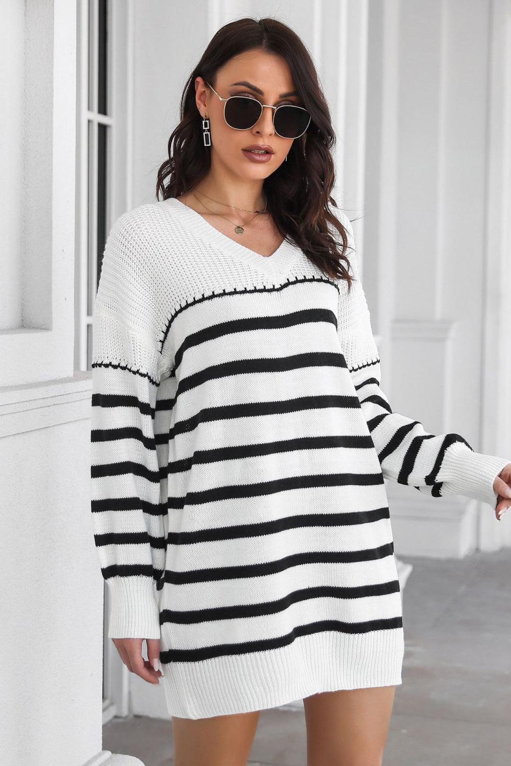 Striped V-Neck Drop Shulder Sweater Dress BLUE ZONE PLANET